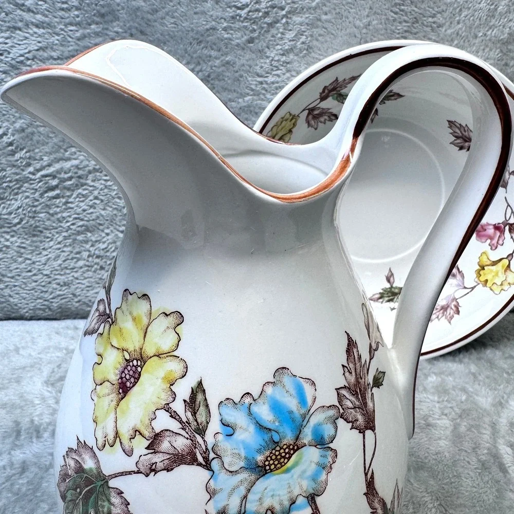 Vintage Japan Pitcher Bowl Set Floral Ceramic Mid Century‎ Cottage Botanical
